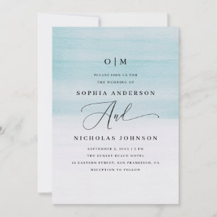 Convites Casamento Elegante Blue Watercolor - Script Náutic