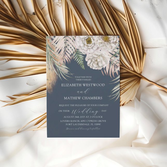 Convites Casamento Elegante Boho Azul com Grama Pampas (Criador carregado)