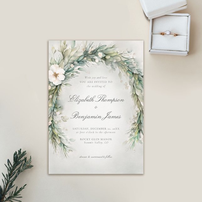 Convites Casamento Elegante Boho de Natal de inverno (winter wedding invitation christmas dreamy watercolor greenery botanical floral frame elegant boho)