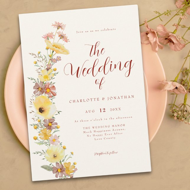 Convites Casamento Elegante Boho Wildflower (Boho chic wildflower yellow burnt orange peach wedding invitation )