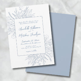 Convites Casamento Elegante Botânico Azul Empoeirado