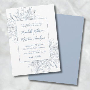 Convites Casamento Elegante Botânico Azul Empoeirado