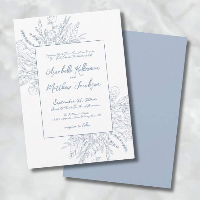 Convites Casamento Elegante Botânico Azul Empoeirado (Dusty Blue Romantic Botanical Elegant Wedding Invitation)