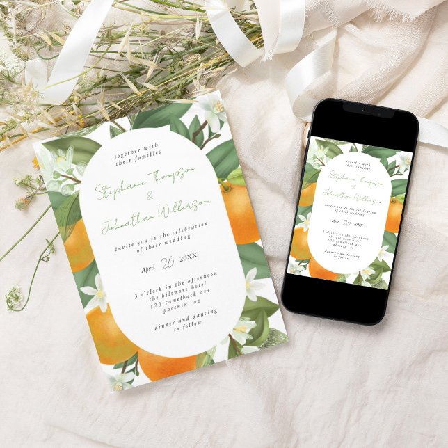 Convites Casamento Elegante Botânico de Mandarim Laranja (Mandarin orange wedding invitation)