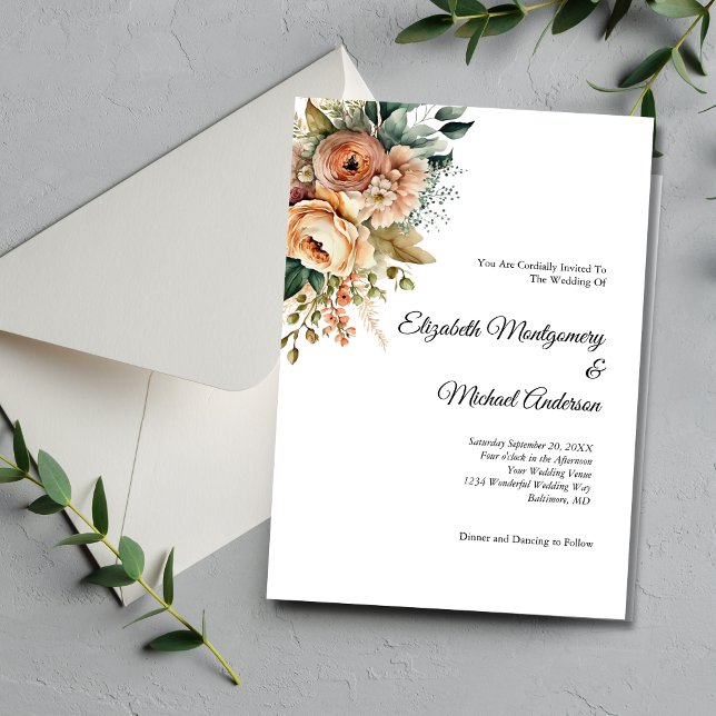 Convites Casamento Elegante Botânico Peach Floral Watercolo (Peach Floral Flowers Greenery Botanical Watercolor Modern Elegant Wedding Invitation)