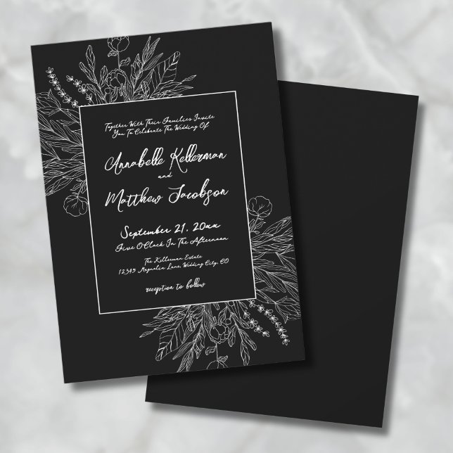 Convites Casamento Elegante Botânico Romântico Negro Branco (Romantic Black White Botanical Elegant Wedding Invitation)