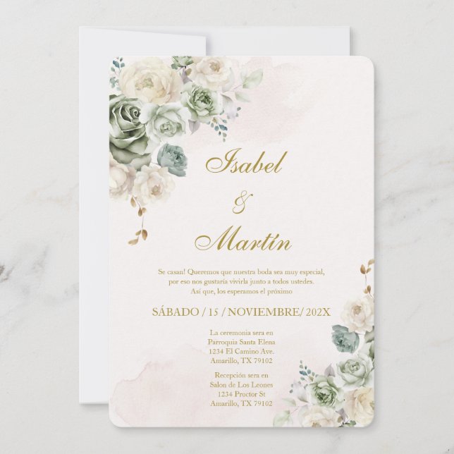 Convites Casamento Elegante Branco e Rosa vermelha Espanhol (Frente)