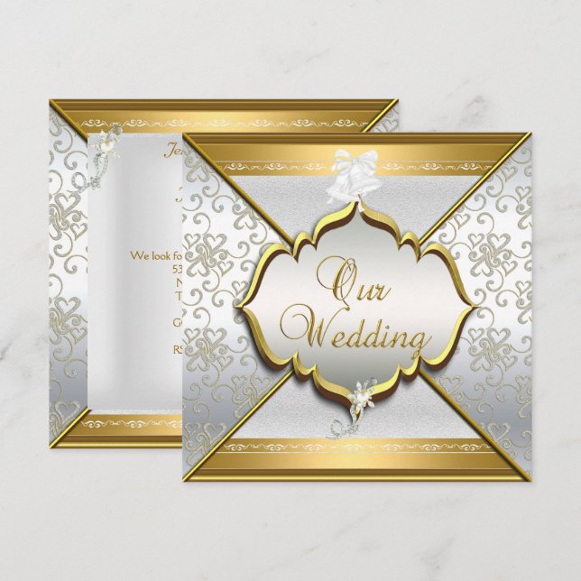 Convites Casamento Elegante Branco Prata Dourado (Frente/Verso)