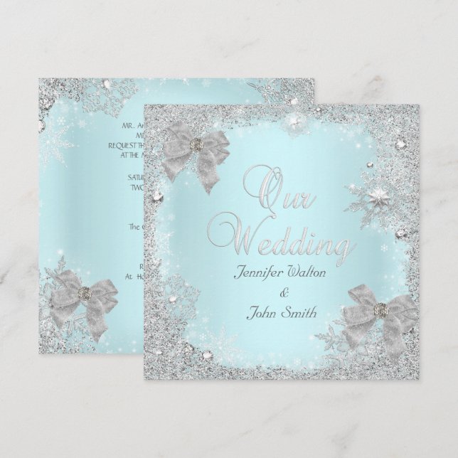 Convites Casamento Elegante Brilho Azul Turquesa Prata Arco (Frente/Verso)