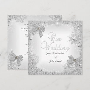 Convites Casamento Elegante Brilho Prata Laço Branco
