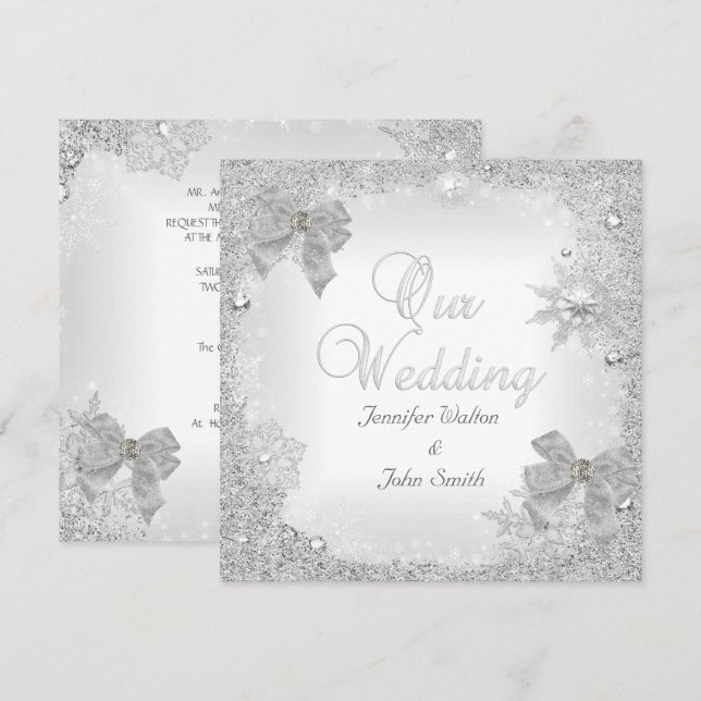 Convites Casamento Elegante Brilho Prata Laço Branco (Frente/Verso)