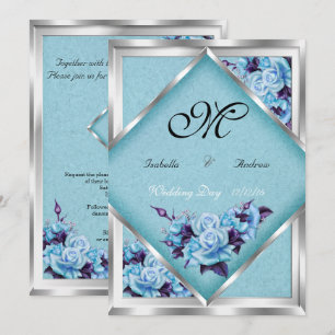Convites Casamento Elegante Buquê de Rosas Roxas Azul Turqu