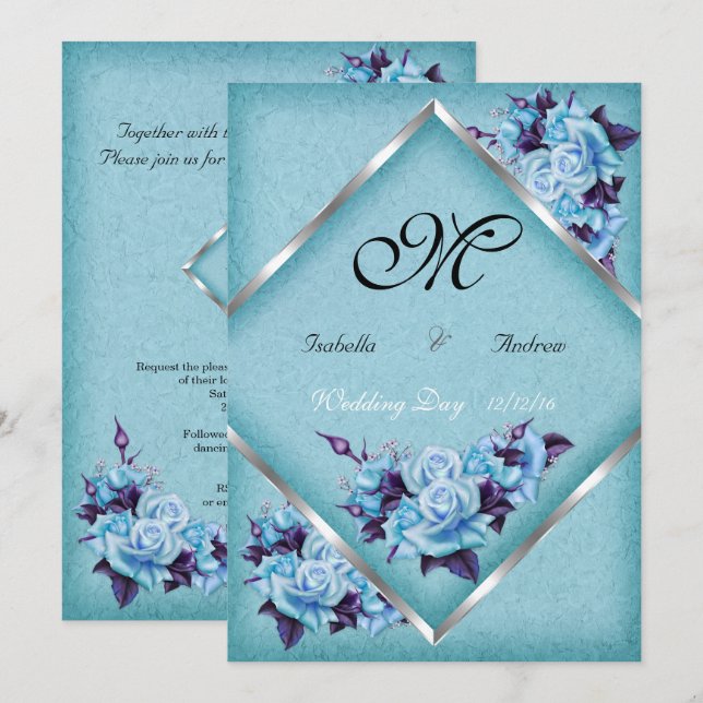 Convites Casamento Elegante Buquê de Rosas Roxas Turquesa P (Frente/Verso)