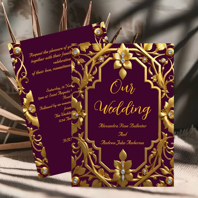 Convites Casamento Elegante Burgundy Dourado Moldura Orname (Criador carregado)