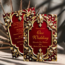 Convites Casamento Elegante Burgundy Dourado Ornate Pérolas