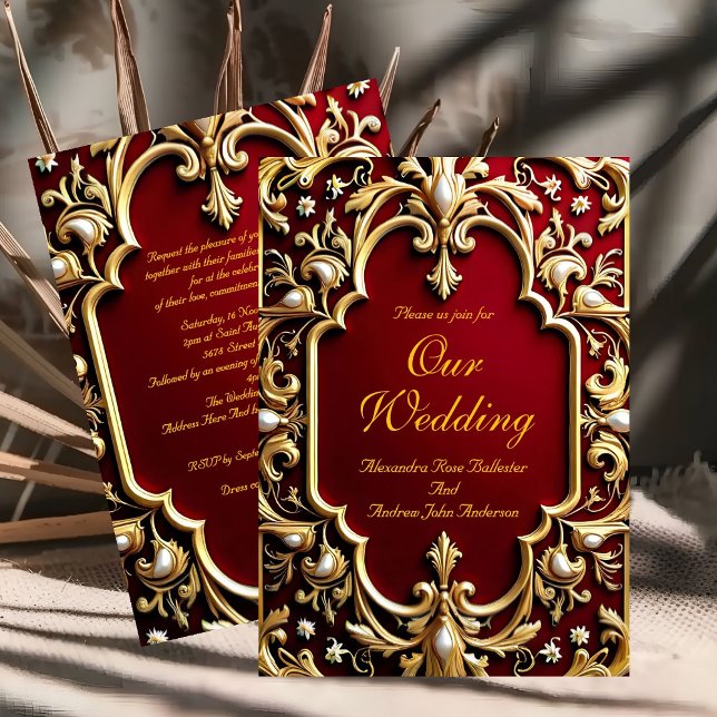 Convites Casamento Elegante Burgundy Dourado Ornate Pérolas (Criador carregado)