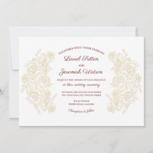 Convites Casamento Elegante Burgundy e Rosas Ouros
