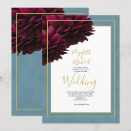 Convites Casamento Elegante Burgundy Floral Azul Dourado