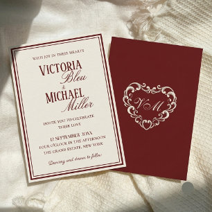 Convites Casamento Elegante Burgundy Marfim Chic Antigo