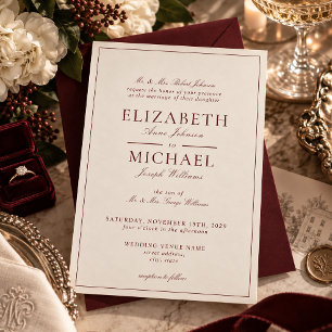 Convites Casamento Elegante Burgundy Marfim Roteiro Clássic