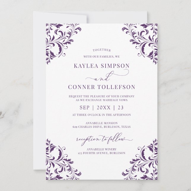 Convites Casamento Elegante Caligrafia em Plum / Roxo Vinta (Frente)