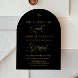 Convites Casamento Elegante Caligrafia Preta Dourada Monogr