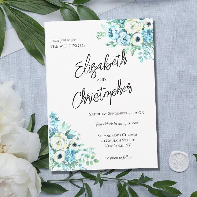 Convites Casamento Elegante Caligrafia Script Floral Azul (Criador carregado)