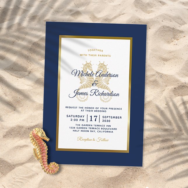 Convites Casamento Elegante Cavalos-Marinhos Azul Navy Dour (Criador carregado)