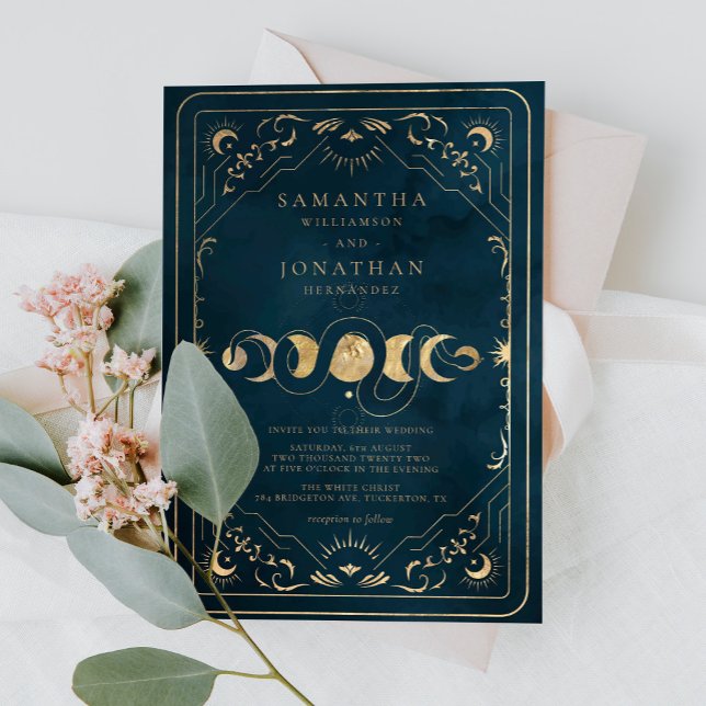 Convites Casamento Elegante Celestial Dourado marinho Azul  (Criador carregado)