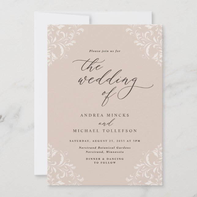 Convites Casamento Elegante Champanhe Bege Vintage (Frente)