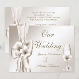 Convites Casamento Elegante Champanhe Floral Creme Laço