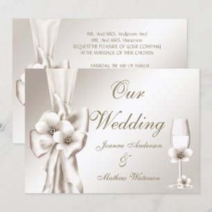 Convites Casamento Elegante Champanhe Floral Creme Laço
