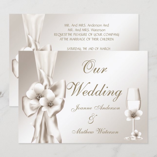 Convites Casamento Elegante Champanhe Floral Creme Laço (Frente/Verso)