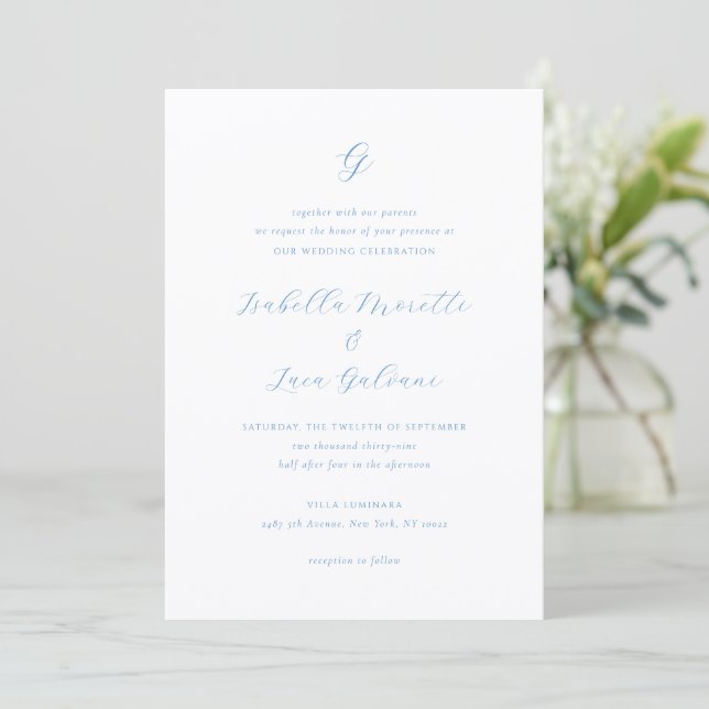 Convites Casamento Elegante Chic de Costa Azul e Branco (Em pé/Frente)