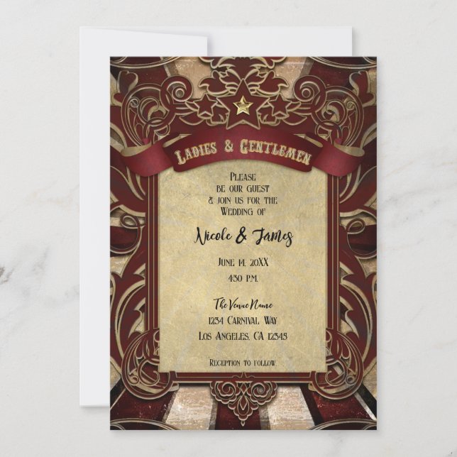 Convites Casamento Elegante Circo Vermelho Vintage (Frente)