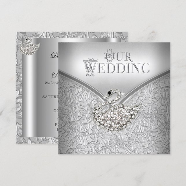 Convites Casamento Elegante Cisne Branco Damasco Prata (Frente/Verso)