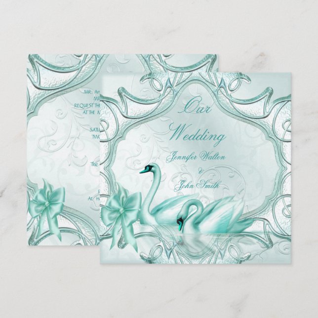 Convites Casamento Elegante Cisnes Azul Turquesa Arco (Frente/Verso)