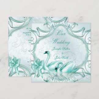Convites Casamento Elegante Cisnes Azul Turquesa Arco
