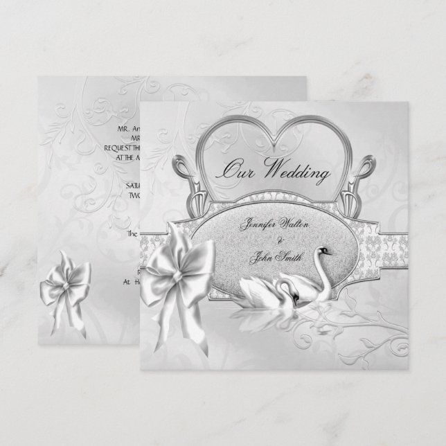 Convites Casamento Elegante Cisnes Prata e Branco Coração A (Frente/Verso)