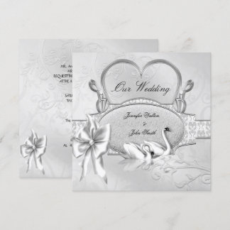 Convites Casamento Elegante Cisnes Prata e Branco Coração A