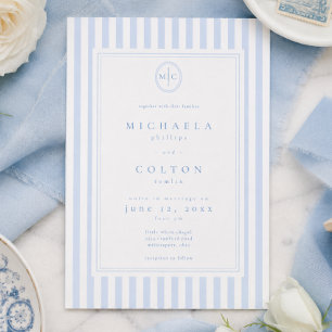 Convites Casamento Elegante Clássico com Listra Azul e Mono