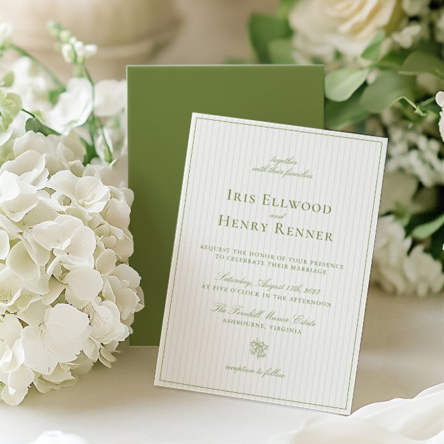 Convites Casamento Elegante Clássico de Sage & Beige Stripe (Elegant Classic Sage & Beige Striped Wedding Invitation)