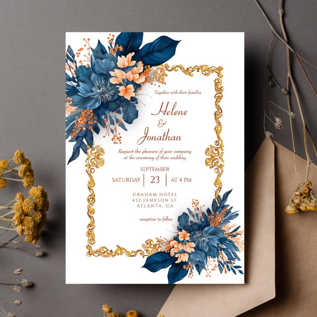 Convites Casamento Elegante Clássico de Terracotta marinho  (Navy Blue Terracotta Classic Elegant Wedding Invitation)