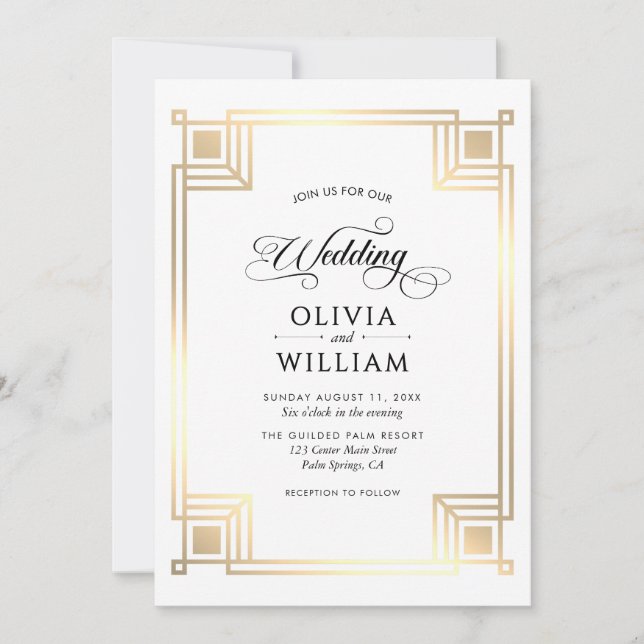 Convites Casamento Elegante Clássico Dourado Art Déco (Frente)