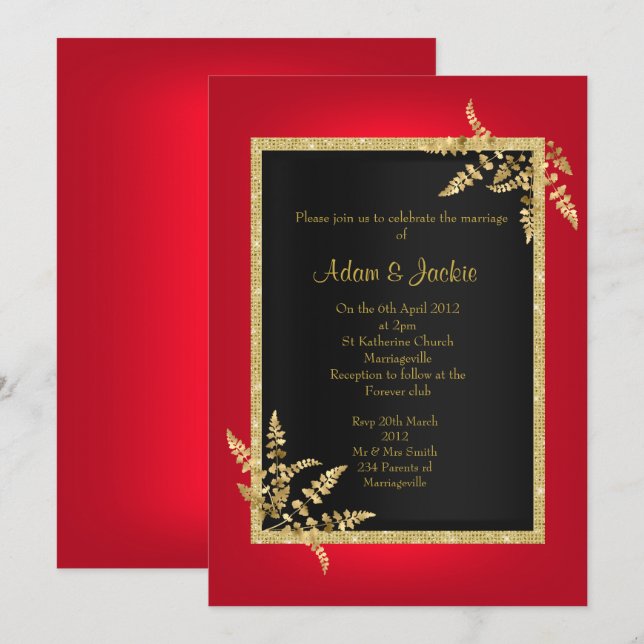 CONVITES CASAMENTO ELEGANTE CLÁSSICO DOURADO VERMELHO PRETO (Frente/Verso)