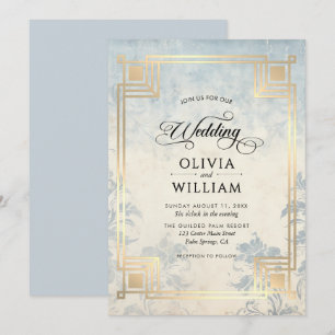 Convites Casamento Elegante Clássico em Azul Poeirento