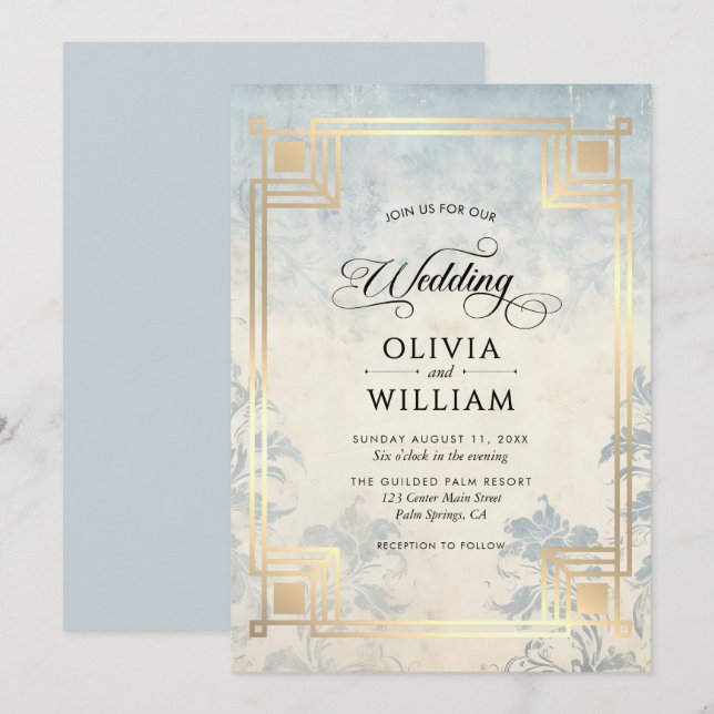 Convites Casamento Elegante Clássico em Azul Poeirento (Frente/Verso)