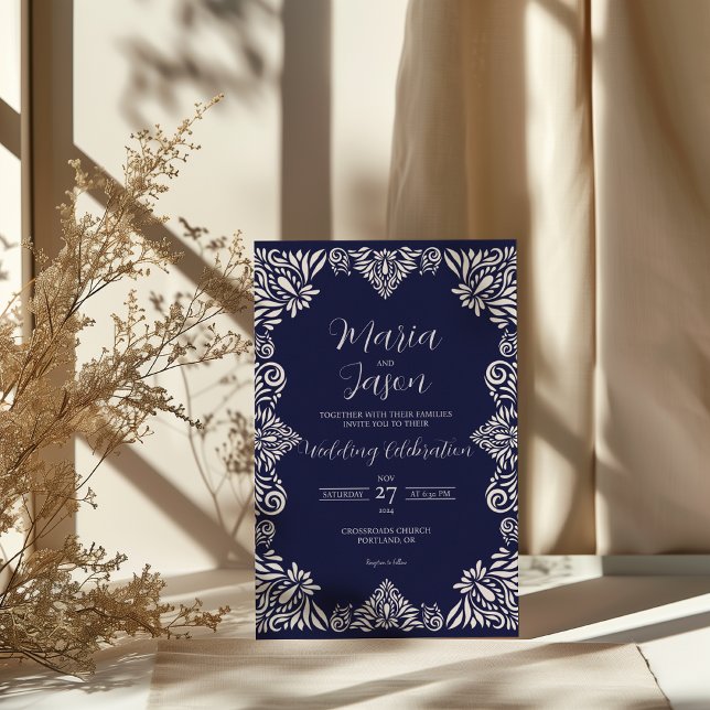 Convites Casamento Elegante Clássico Floral Azul-Marinho Me (Mexican Navy Blue Floral Classic Elegant Wedding Invitation)