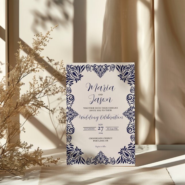 Convites Casamento Elegante Clássico Floral Azul-Marinho Me (Mexican Navy Blue Floral Classic Elegant Wedding Invitation)