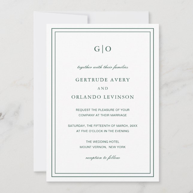 Convites Casamento Elegante Clássico Gertude Emerald Verde (Frente)